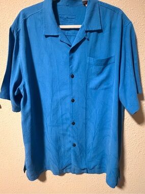 Tommy Bahama Original Fit Blue Silk Hawaiian Shirt Mens Medium Bamboo Palm Print